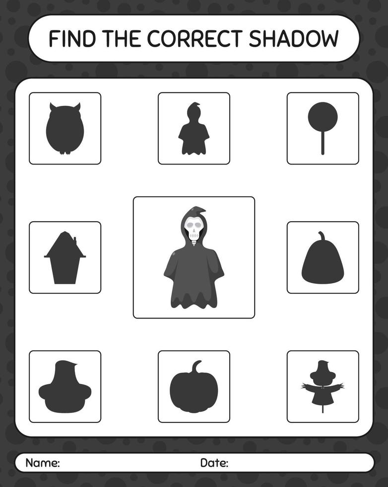 Finden Sie das richtige Schattenspiel mit Sensenmann. arbeitsblatt für vorschulkinder, kinderaktivitätsblatt vektor