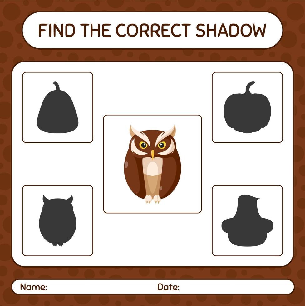 hitta rätt skuggspel med uggla. arbetsblad för förskolebarn, aktivitetsblad för barn vektor