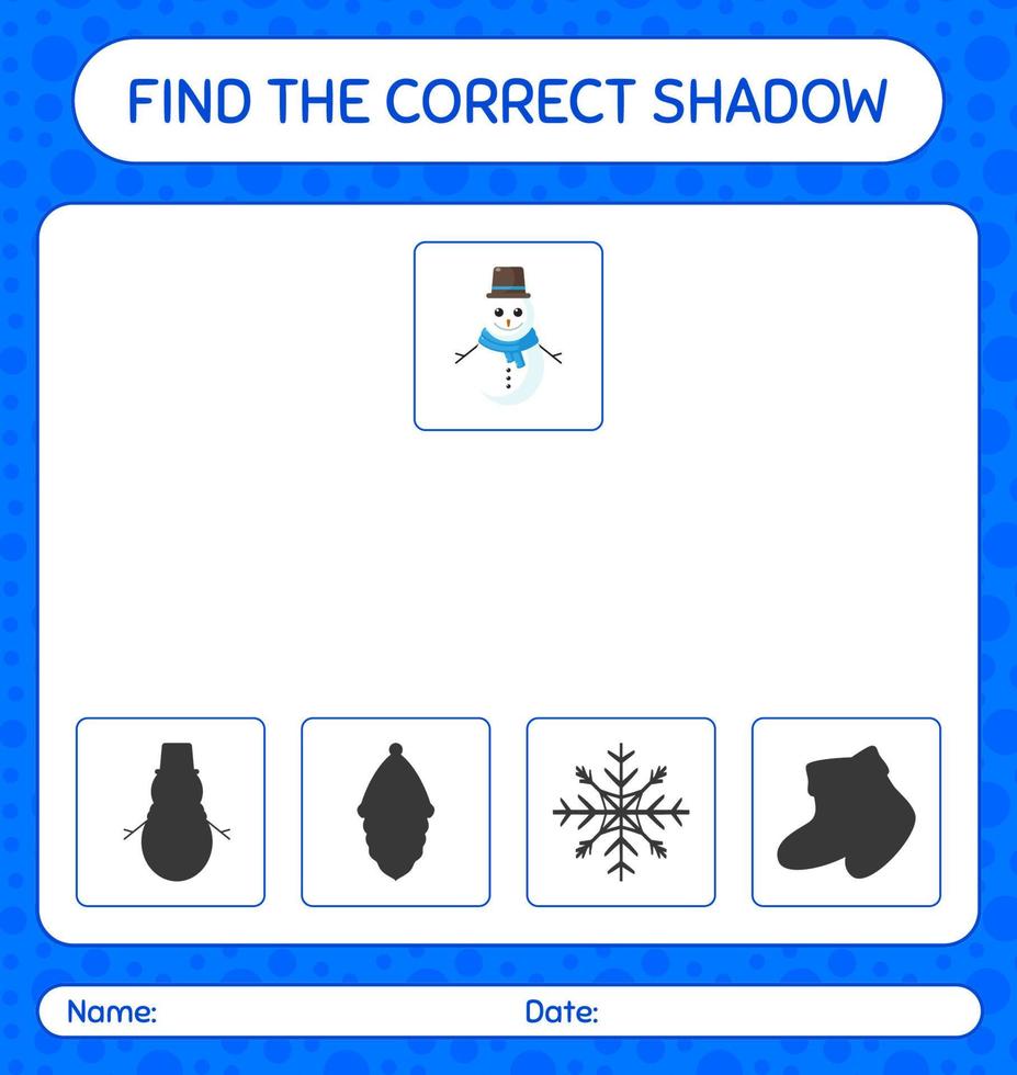 Finde das richtige Schattenspiel mit Schneemann. arbeitsblatt für vorschulkinder, kinderaktivitätsblatt vektor