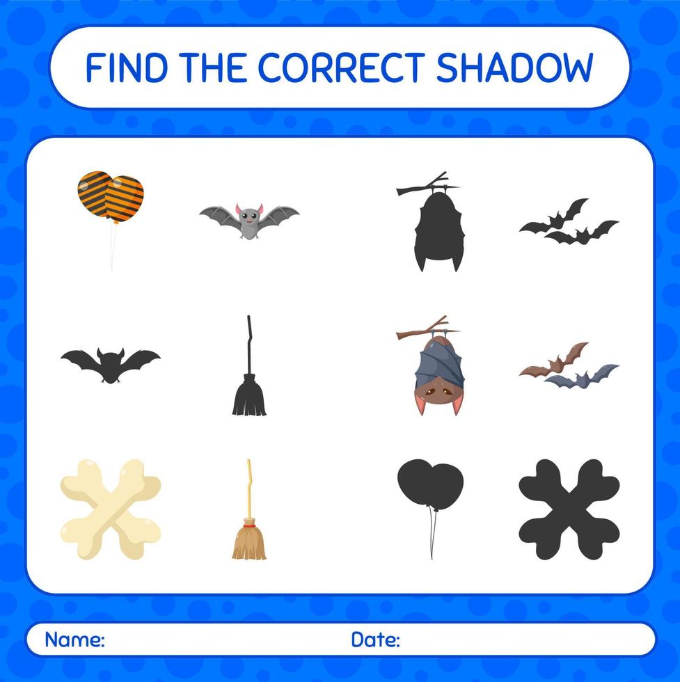 Finden Sie das richtige Schattenspiel mit dem Halloween-Symbol. arbeitsblatt für vorschulkinder, kinderaktivitätsblatt vektor