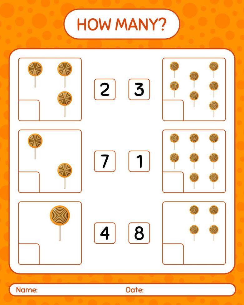 wie viele zählen spiel mit lollipop. arbeitsblatt für vorschulkinder, kinderaktivitätsblatt vektor