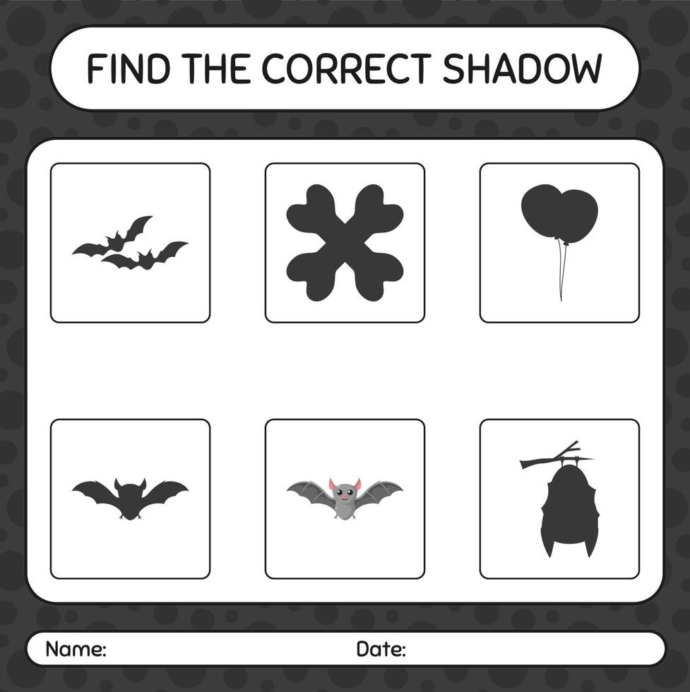 Finden Sie das richtige Schattenspiel mit Fledermaus. arbeitsblatt für vorschulkinder, kinderaktivitätsblatt vektor