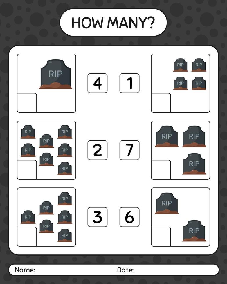 hur många räknar spel med gravsten. arbetsblad för förskolebarn, aktivitetsblad för barn vektor