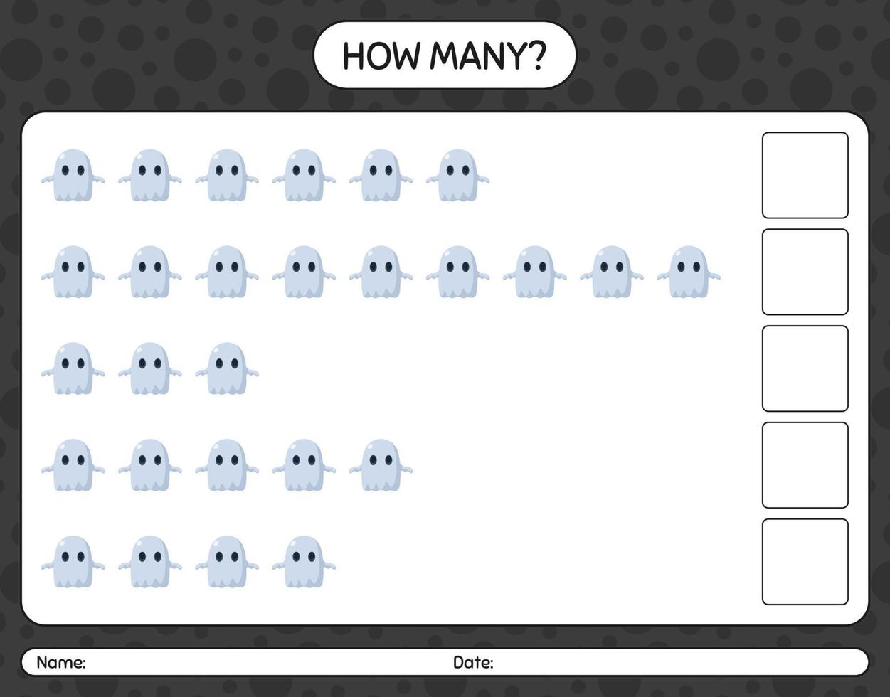 wie viele zählen spiel mit geister. arbeitsblatt für vorschulkinder, kinderaktivitätsblatt vektor