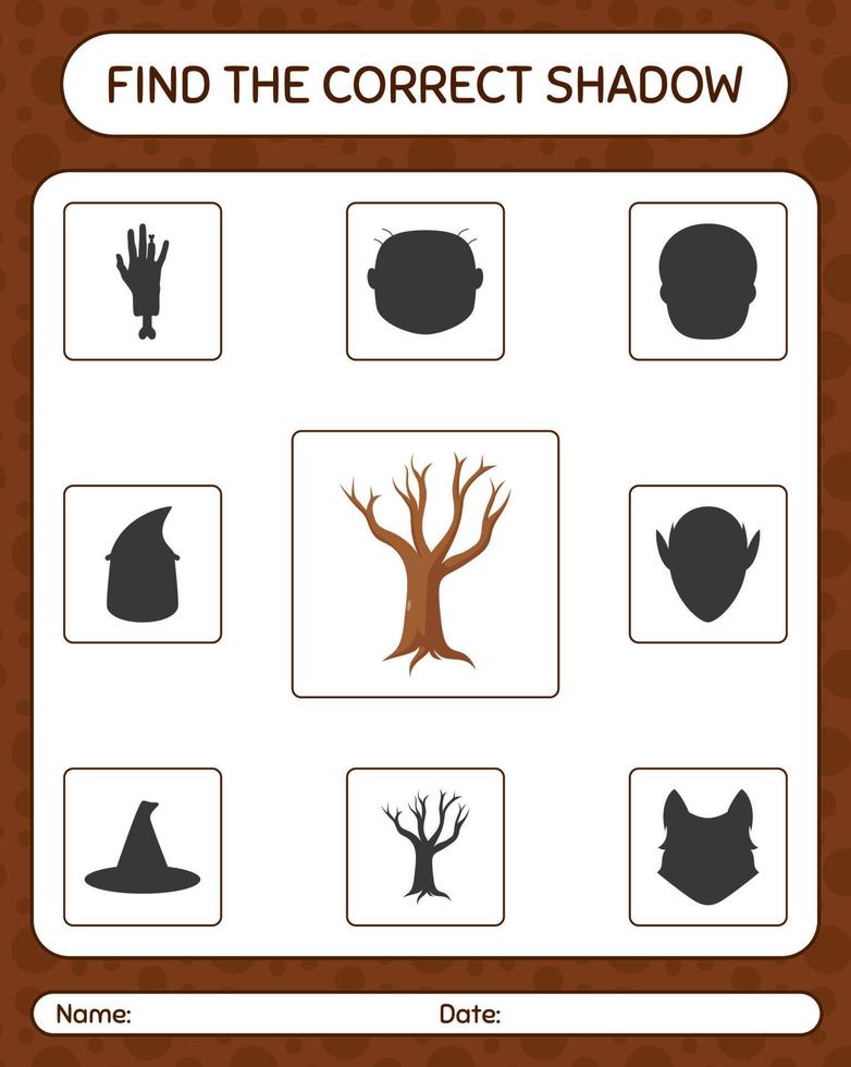 Finden Sie das richtige Schattenspiel mit Baum. arbeitsblatt für vorschulkinder, kinderaktivitätsblatt vektor