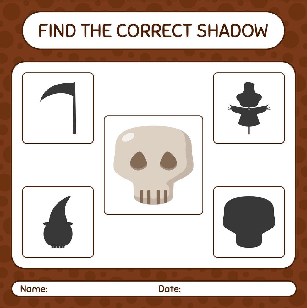Finden Sie das richtige Schattenspiel mit Totenkopf. arbeitsblatt für vorschulkinder, kinderaktivitätsblatt vektor
