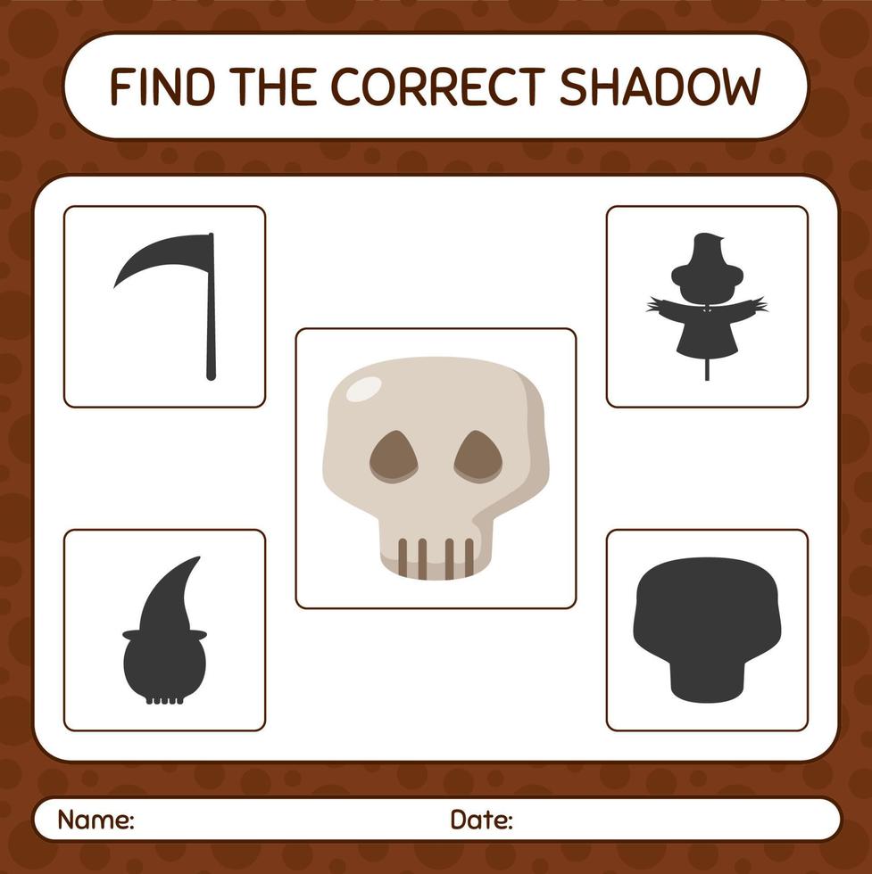 hitta rätt skuggspel med skalle. arbetsblad för förskolebarn, aktivitetsblad för barn vektor