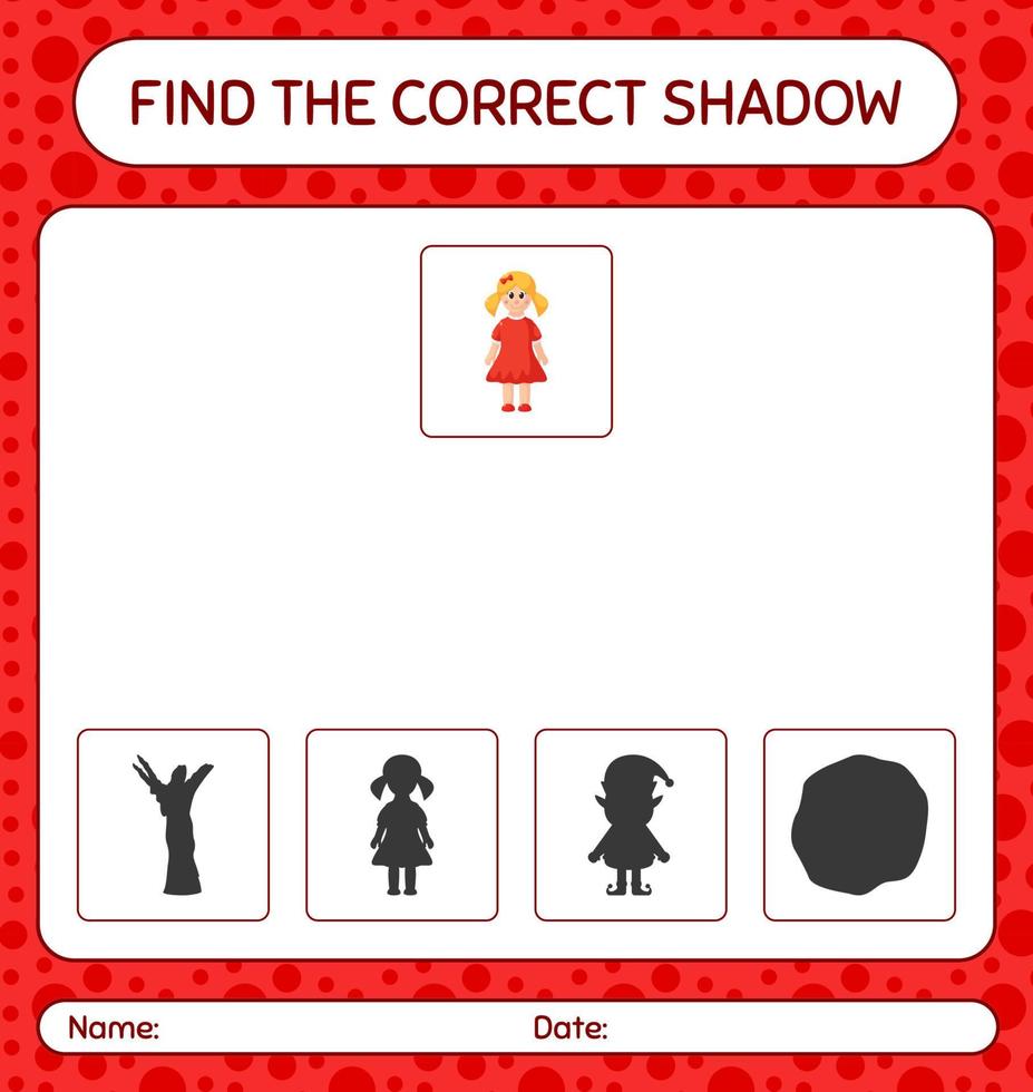 hitta rätt skuggspel med docka. arbetsblad för förskolebarn, aktivitetsblad för barn vektor