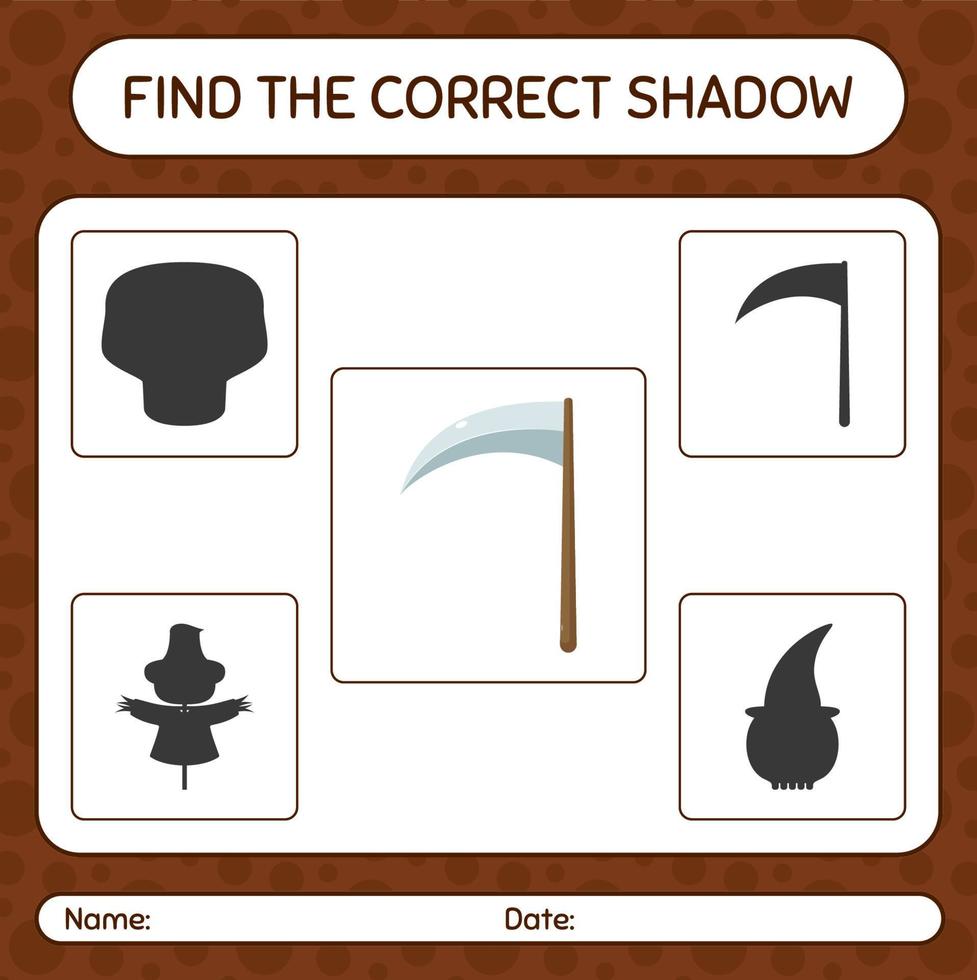 Finden Sie das richtige Schattenspiel mit der Sense. arbeitsblatt für vorschulkinder, kinderaktivitätsblatt vektor