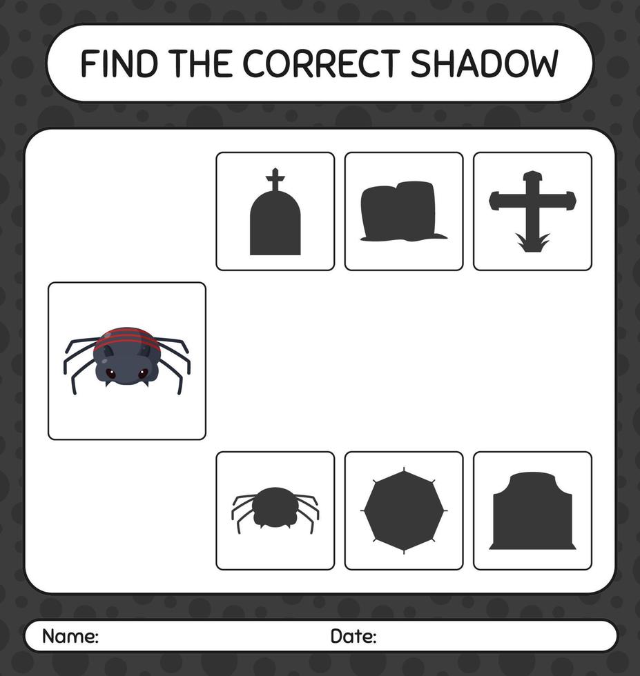 Finden Sie das richtige Schattenspiel mit Spinne. arbeitsblatt für vorschulkinder, kinderaktivitätsblatt vektor