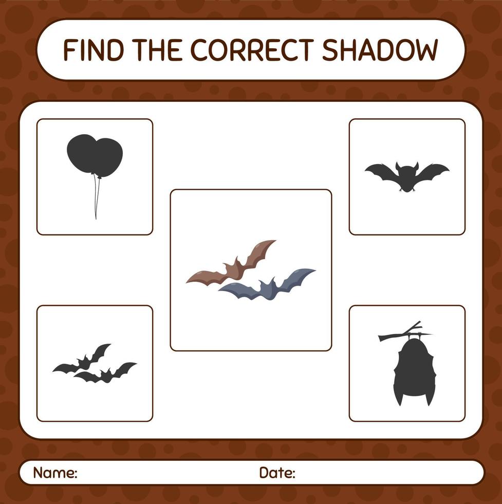 hitta rätt skuggspel med bat. arbetsblad för förskolebarn, aktivitetsblad för barn vektor