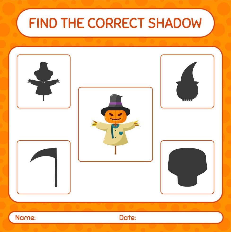 Finden Sie das richtige Schattenspiel mit Vogelscheuche. arbeitsblatt für vorschulkinder, kinderaktivitätsblatt vektor