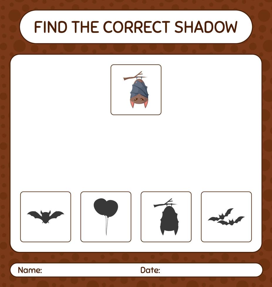 hitta rätt skuggspel med bat. arbetsblad för förskolebarn, aktivitetsblad för barn vektor