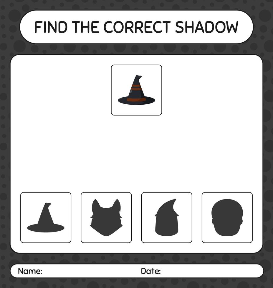 hitta rätt skuggspel med häxhatt. arbetsblad för förskolebarn, aktivitetsblad för barn vektor