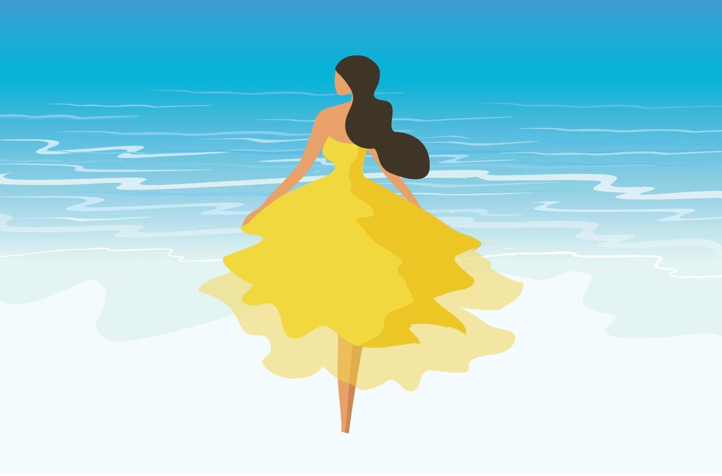 schöne Frau im gelben Kleid, das auf dem Strandsommerhintergrund steht vektor