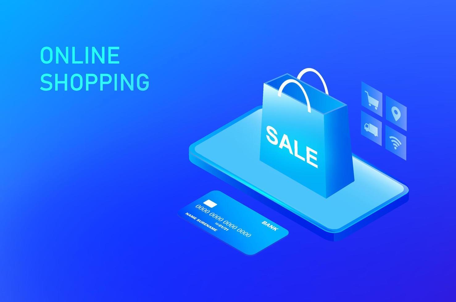 online shopping och leverans service koncept, försäljning shoppingväska på smartphone och kreditkort vektor illustration