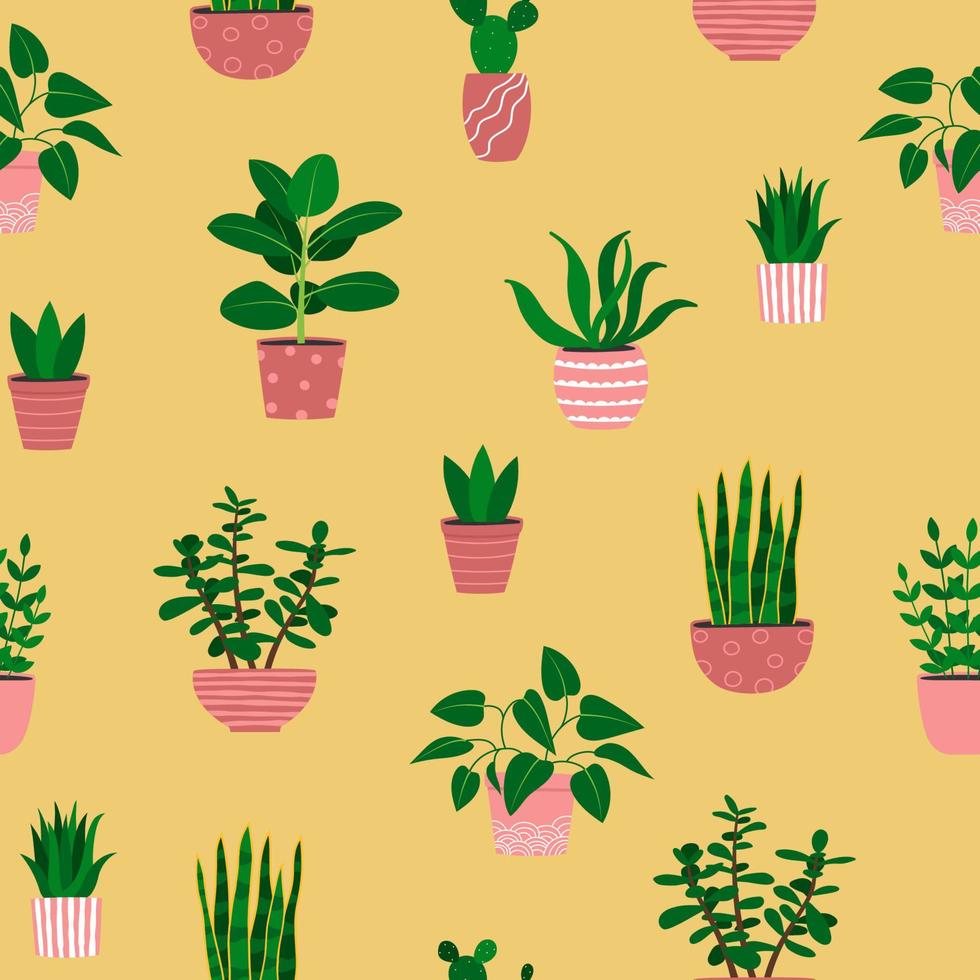 sömlösa mönster av krukväxter i rosa blomkrukor. tecknade färgglada växter på gul bakgrund vektor