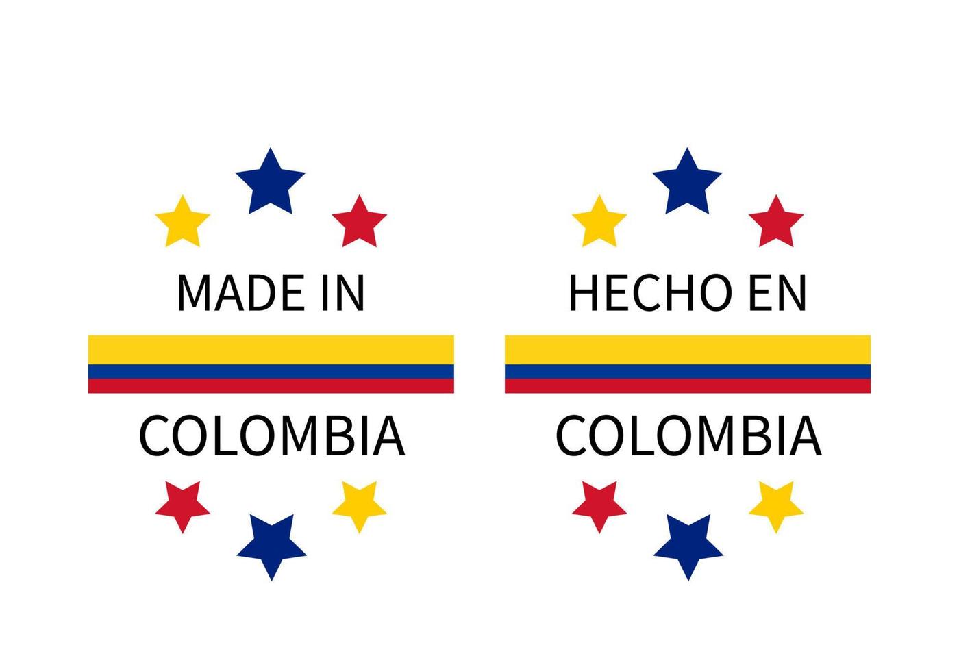 made in colombia etiketten in englischer und spanischer sprache. Qualitätszeichen-Vektorsymbol. Perfekt für Logo-Design, Tags, Abzeichen, Aufkleber, Embleme, Produktverpackungen vektor