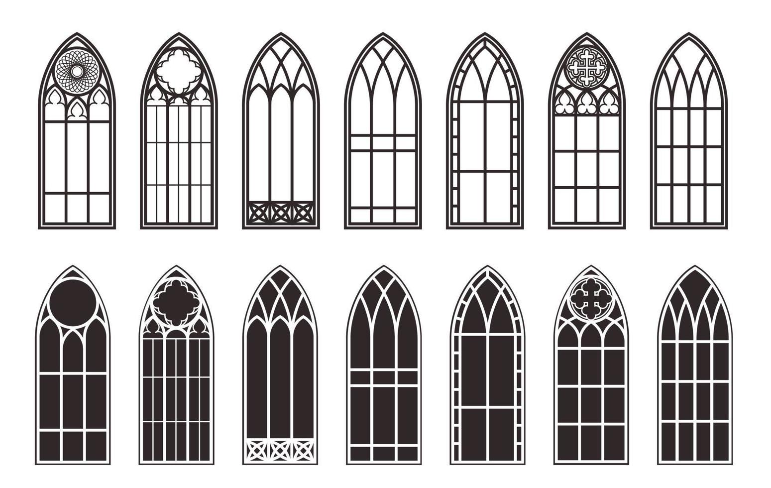 Umrissset für gotische Fenster. Silhouette von alten Kirchenrahmen aus Buntglas. Element der traditionellen europäischen Architektur. Vektor-Illustration vektor