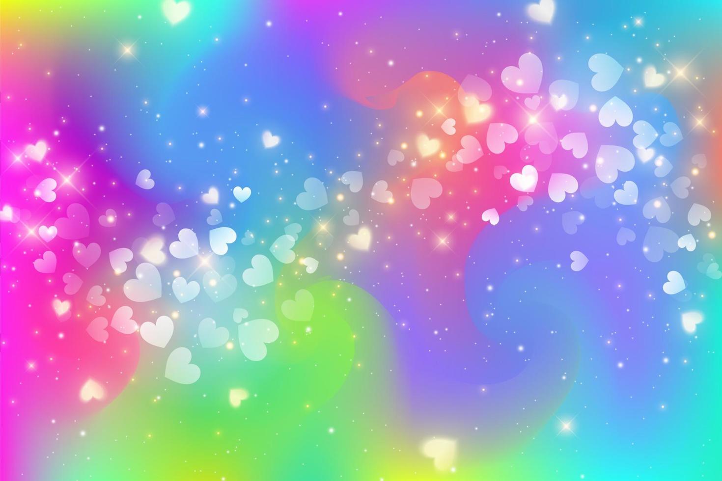 rainbow fantasi bakgrund med våg av hjärtan. holografisk ljus mångfärgad himmel och stjärnor. vektor. vektor