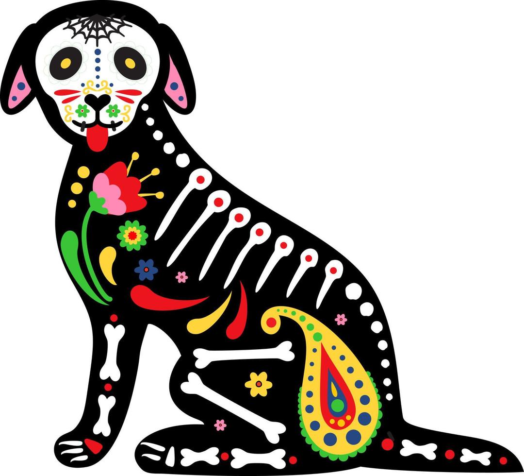 de dödas dag, dia de los muertos, djurskalle och skelett dekorerade med färgglada mexikanska inslag och blommor. hundskelett. fiesta, halloween, semesteraffisch, fest. vektor illustration