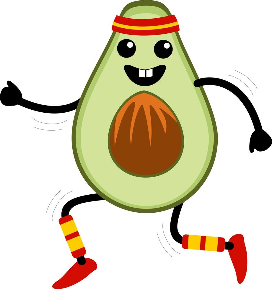 söt rolig avokado jogging. rolig hälsa och fitness illustration med tecknad frukt karaktär. kawaii stil. avokado träning karaktär koncept vektor
