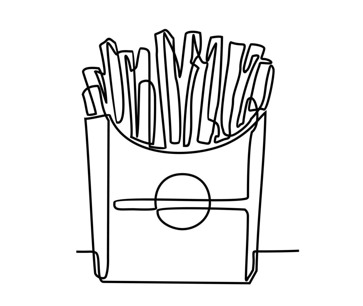 Pommes frittes. eine durchgehend gezeichnete Linie von Pommes Frites, gezeichnet von der Handbild-Silhouette. eine Strichzeichnung. Fast-Food-Kartoffeln in der Tasche gekocht. vektor