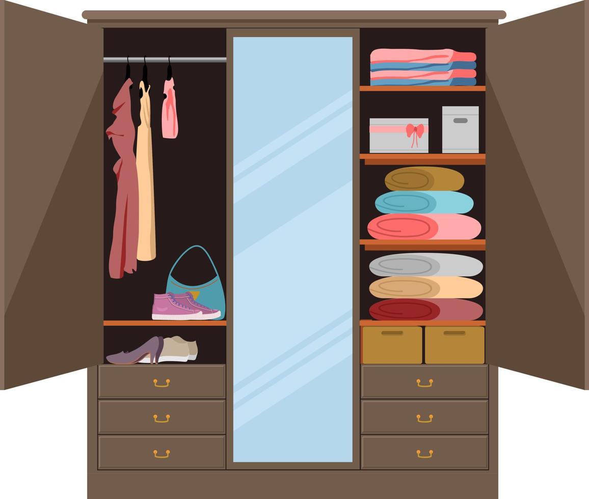 offener Kleiderschrank. Vektor-Illustration Kleiderschrank aus Holz, Schuhe stehend und Regal für Hüte. Möbel im flachen Stil vektor