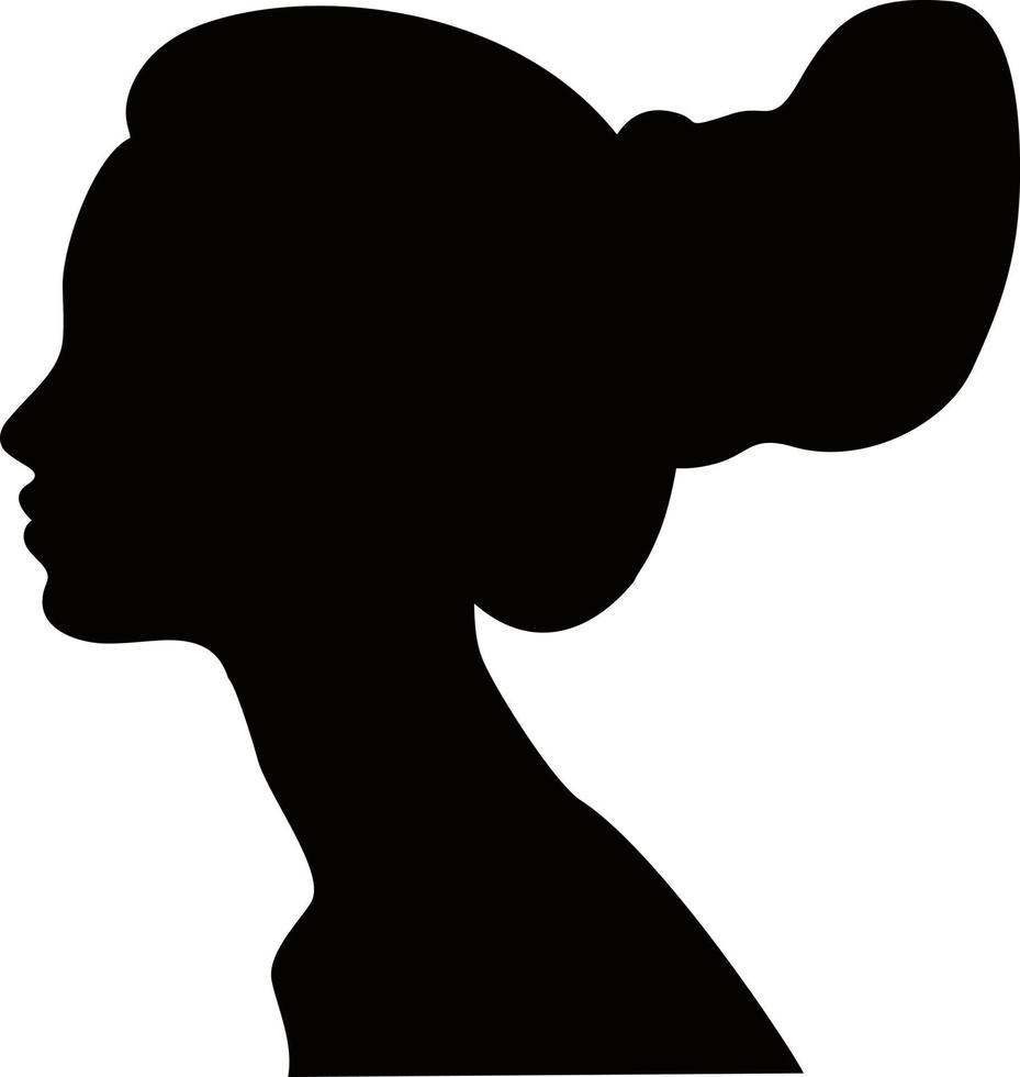 Frauenprofil mit Haaren in einem Brötchen, schwarze Silhouette. Mädchen mit einer modernen Frisur. großer Haarknoten. vektor