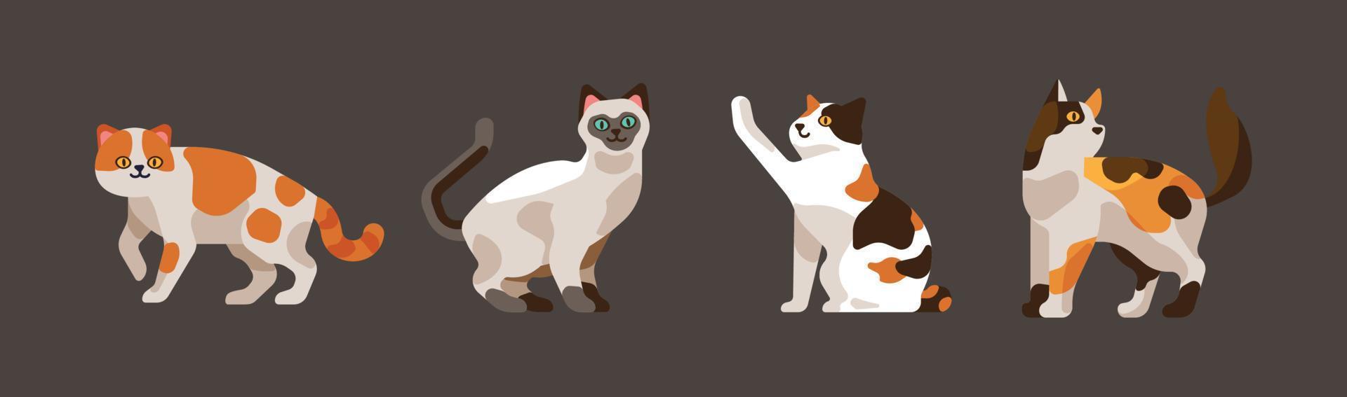 Cartoon-Katze mit verschiedenen Posen und Emotionen. Katzenverhalten, Körpersprache und Gesichtsausdrücke. Ingwerkätzchen im einfachen niedlichen Stil, isolierte Vektorillustration vektor