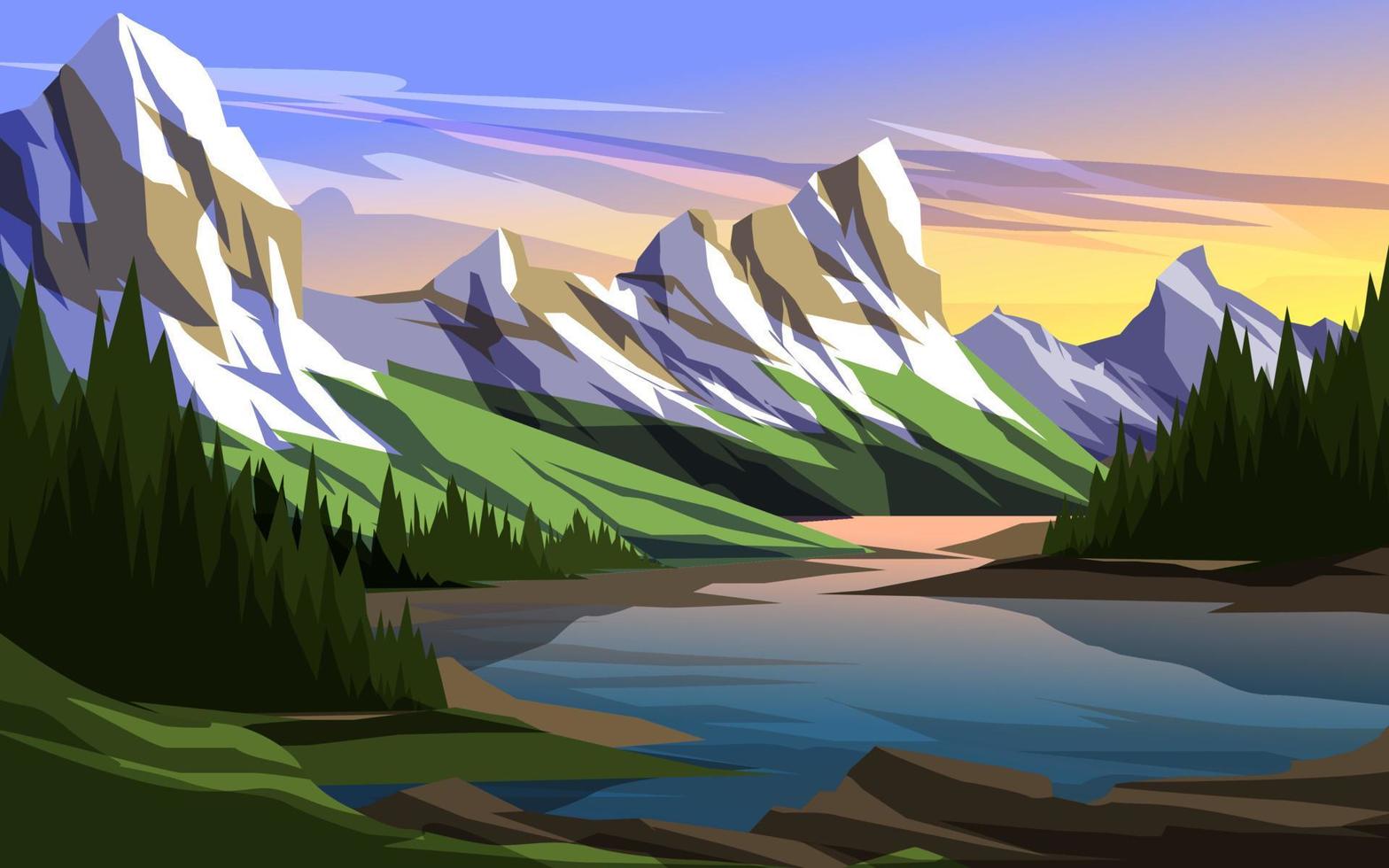 bergskedja solnedgång illustration med sjön vektor