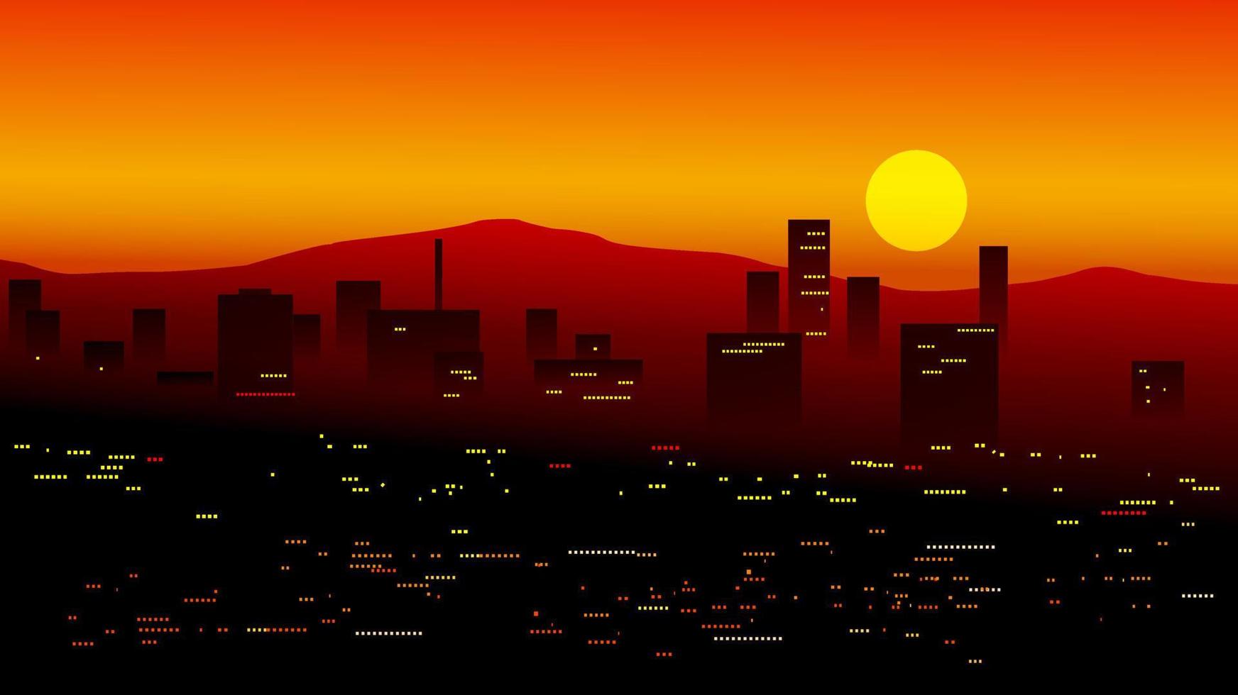 staden solnedgång landskap med berg vektor