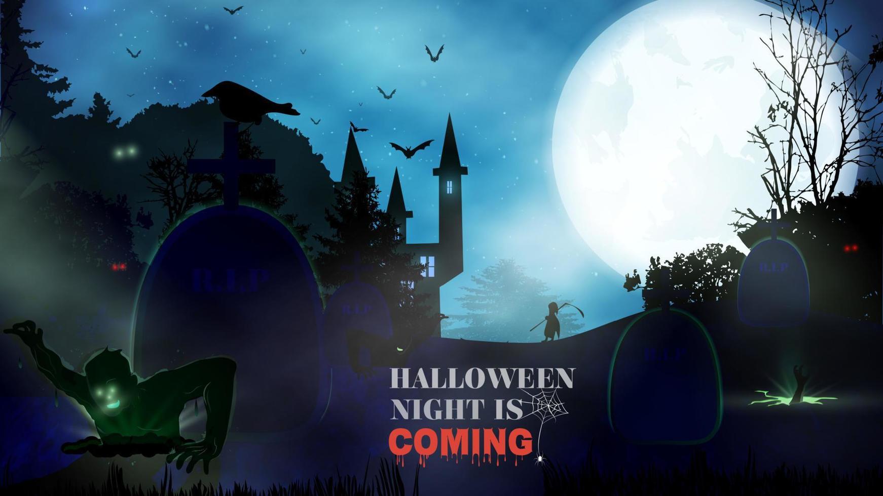 halloween natt bakgrund med pumpa, spökhus och fullmåne. reklamblad eller inbjudningsmall för halloween-fest. vektor illustration.