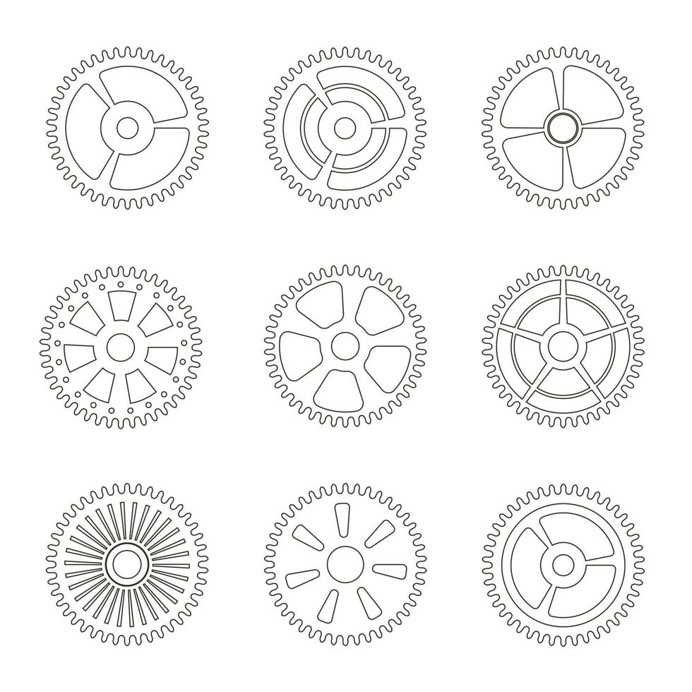 zahnräder, zahnräder oder kettenradlinie symbolsatz vektor