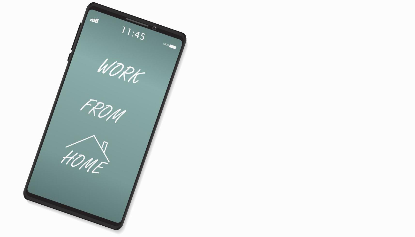 platt minimal smartphone mock up med arbete hemifrån handskriftstext på vit bakgrund, kopieringsutrymme. vektor