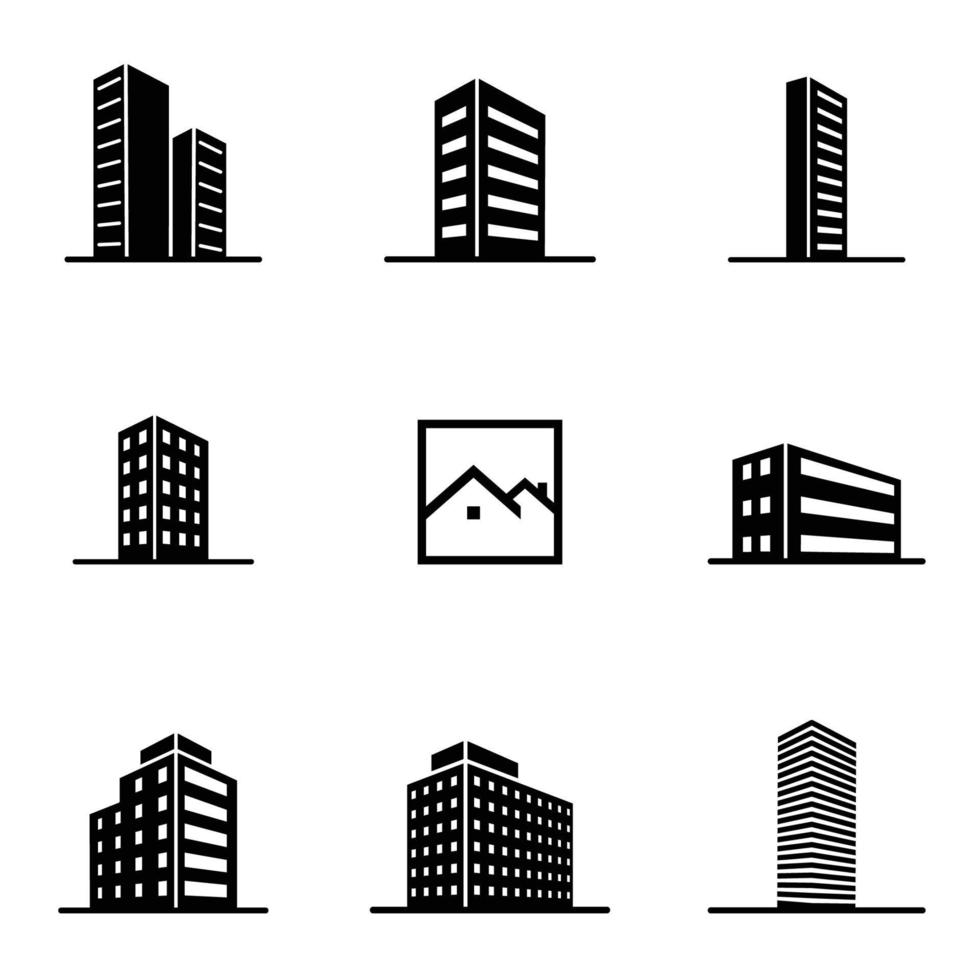 uppsättning av byggnadslogotyp. svart byggnad och isolerad skyskrapa, stadsarkitektur för torn och kontor, logotyp för husföretagsbyggnad, lägenhetskontorsillustration vektor