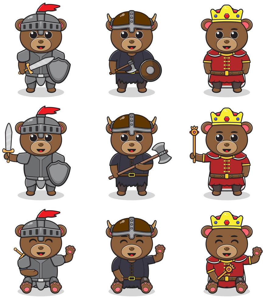 Vektorillustrationen von Bärenfiguren in verschiedenen mittelalterlichen Outfits. vektor