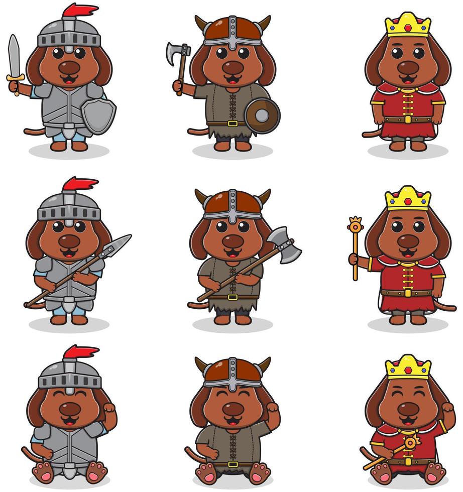 Vektorillustrationen von Hundefiguren in verschiedenen mittelalterlichen Outfits. vektor