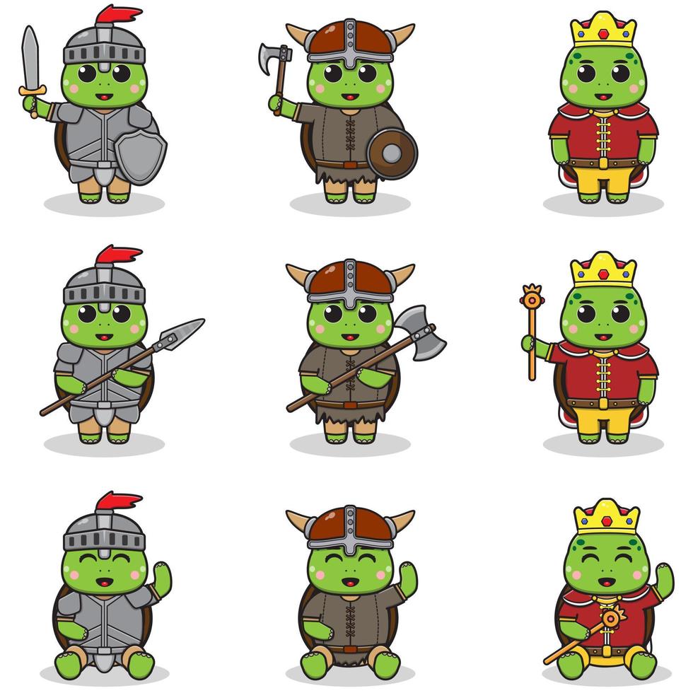 vektor illustrationer av sköldpadda karaktärer i olika medeltida kläder