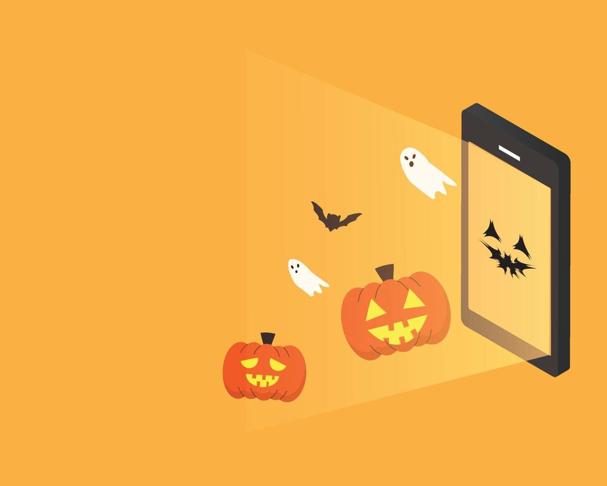 Happy Halloween Day Banner mit Smartphone aus Kürbis kommen heraus vektor