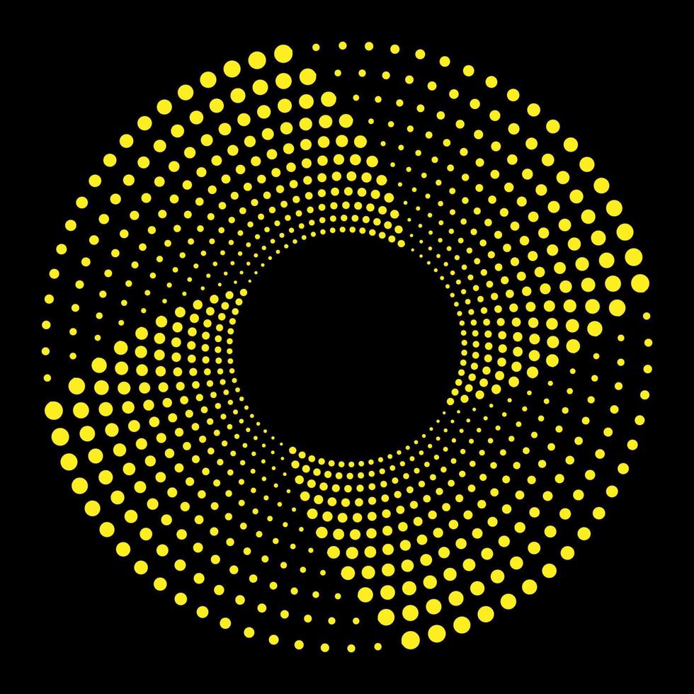 halbtonkreis-vektorrahmen mit gelben abstrakten zufälligen punkten, logo-emblem, designelementen. optische Kunst. Rundes Rahmensymbol mit Halbtonkreispunkten. Hintergrund der optischen Täuschung. vektor