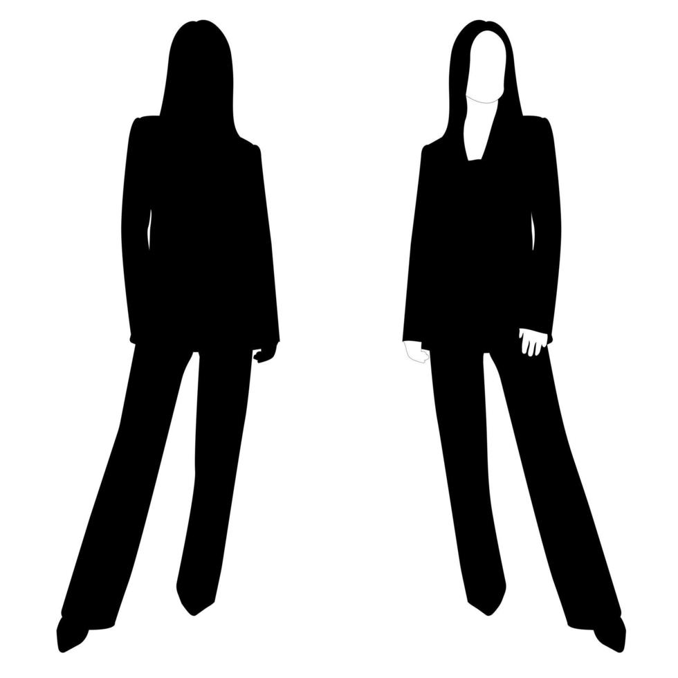konturen av en svart och vit siluett av en smal snygg tjej i en fashionabel kostym stående. vuxen modell. vektor
