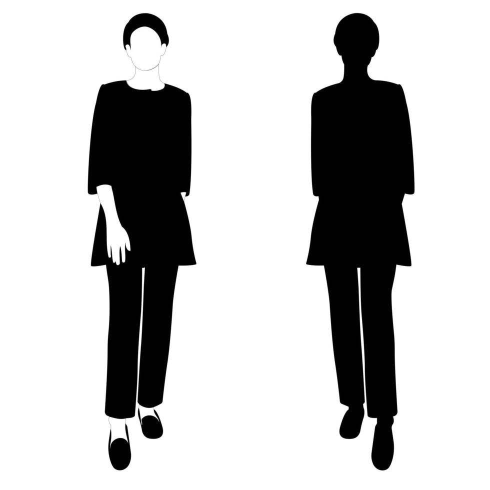 konturen av en svart och vit siluett av en smal snygg tjej i en fashionabel kostym stående. vuxen modell. vektor