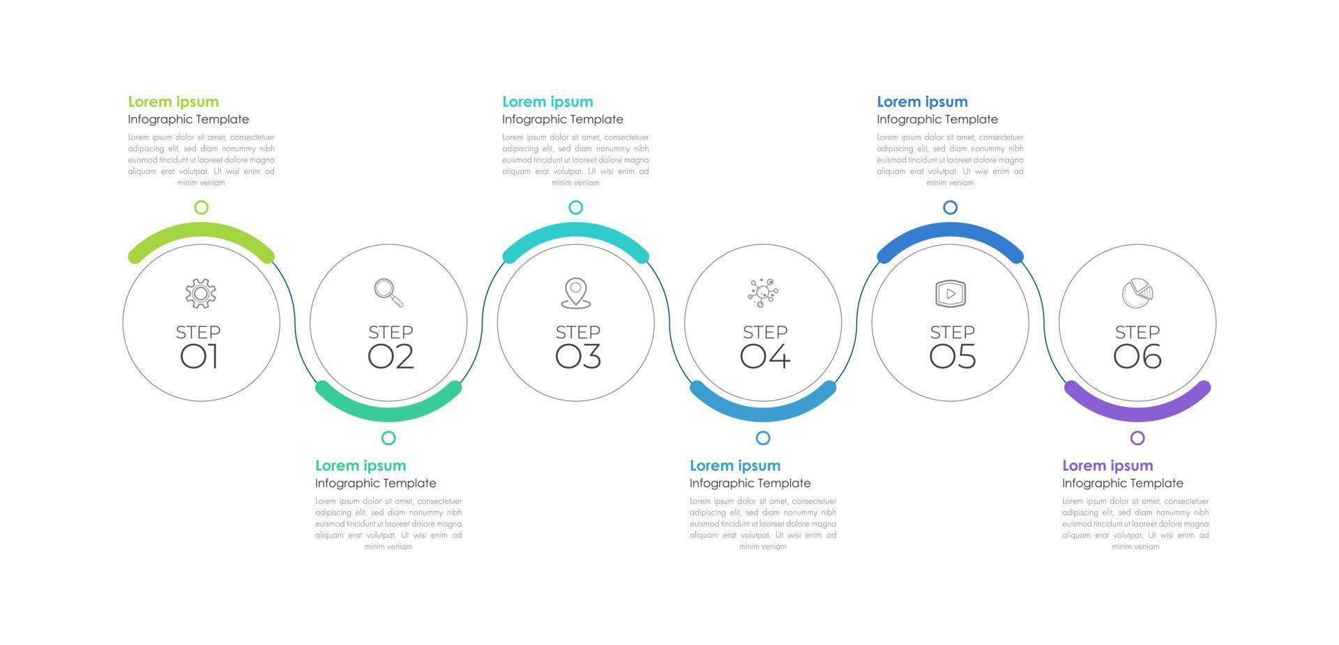 Die Infografik-Designvorlage kann für Präsentationen, Banner, Grafiken, Geschäftsabläufe und Diagramme verwendet werden. Moderne flache Zeitachsenvorlage mit 6 Optionen, Teilen, Schritt für Prozess. abstrakte Vorlage. vektor