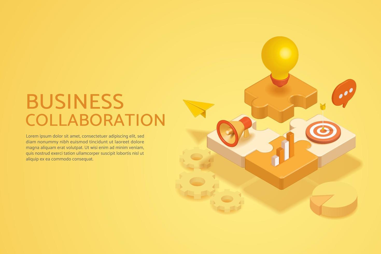 Geschäftskooperationskonzept, Puzzle, Glühbirne, Megaphon, Grafik, Dartscheibe auf gelbem Hintergrund. vektor
