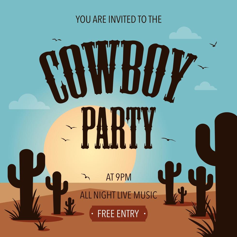 Cowboy-Party-Template-Design oder -Layout mit bearbeitbaren Schriftzügen, die für Veranstaltungen im westlichen Stil geeignet sind. Wildwest-Cowboy-Party-Vektorbanner oder Poster mit Sonnenuntergang in der Wüste, Kakteen und fliegenden Vögeln. vektor