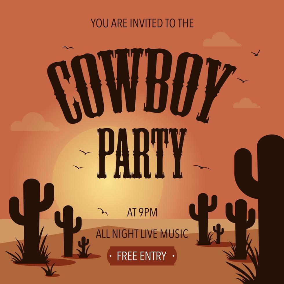 cowboy party banner, affisch eller inbjudningskort med solnedgång i öknen, kaktus och flygande fåglar på bakgrunden. västra humör vektorillustration i platt stil för vilda västern temafest. vektor