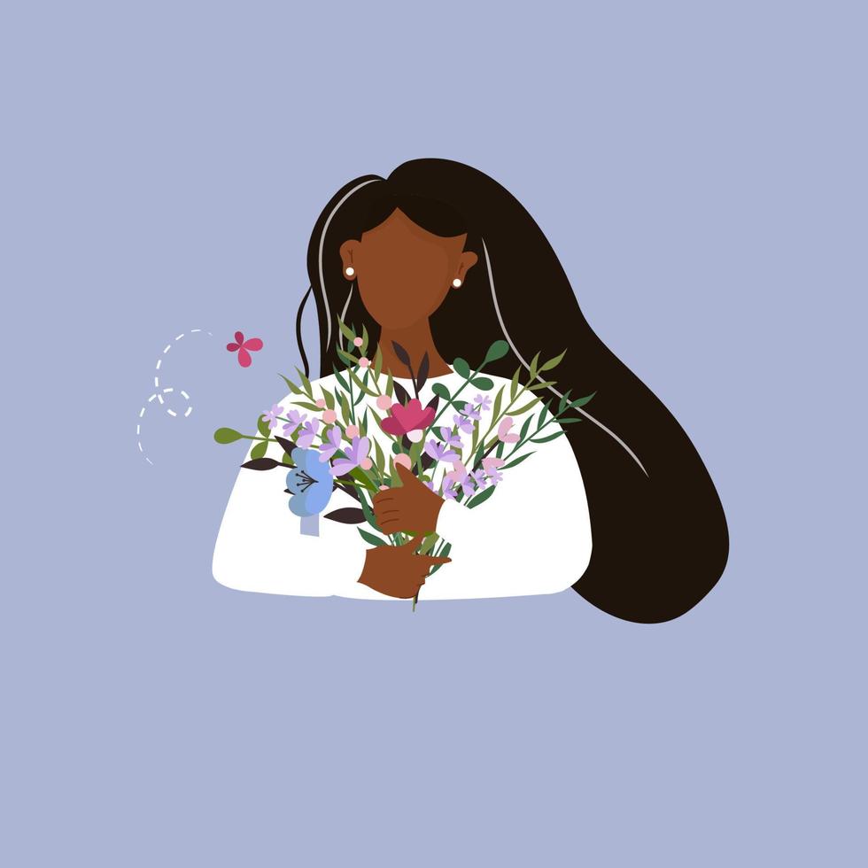 dunkelhäutiges Mädchen mit langen schwarzen Haaren, das einen bunten Blumenstrauß hält. romantisches Konzept. vektor