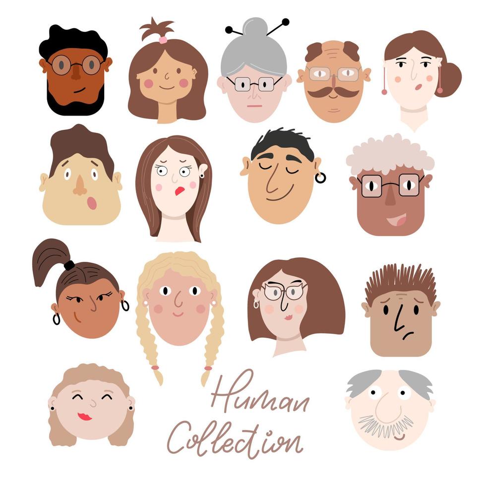 uppsättning av olika handritade ansikten av män och kvinnor i olika åldrar och raser. uppsättning olika känslor och karaktärer. vektor