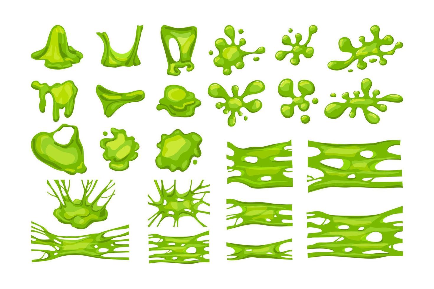 grönt slime set. samling av fläckar, stänk och fläckar. tecknad vektorillustration av vätska. vektor